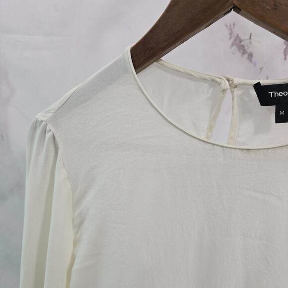 Theory Shirt Womens Medium White Silk Blouse Bell Flare Keyhole Ruffle Peplum - Picture 2 of 13